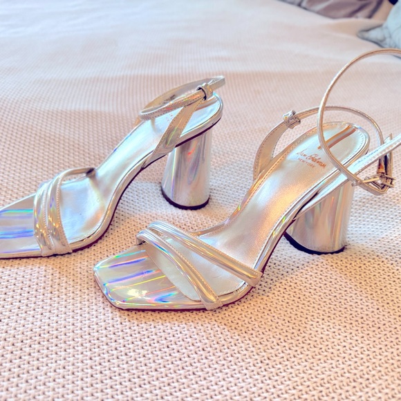 SAM EDELMAN Kia Leather Silver Block Heel Sandals Strappy Chunky Heels - Picture 5 of 11